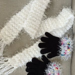 New long white eyelash knit scarf with black gloves With confetti white trim.